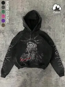 Men's Hooded Sweatshirt, Fitted Spring & Fall Thin Jacket, Gothic Statue Graphic Print, Distressed Vintage Wash Cotton, Trendy Streetwear, Casual Fashion, Gothic Rock Hoodie