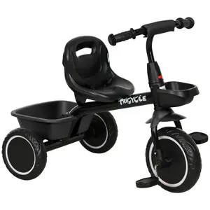 Tricycle for Toddlers Age 2-5 – Kids Tricycle with Adjustable Seat & Storage Baskets, Black, Safety Belt, Sturdy Steel Frame, Puncture-Resistant Wheels, 55 lbs