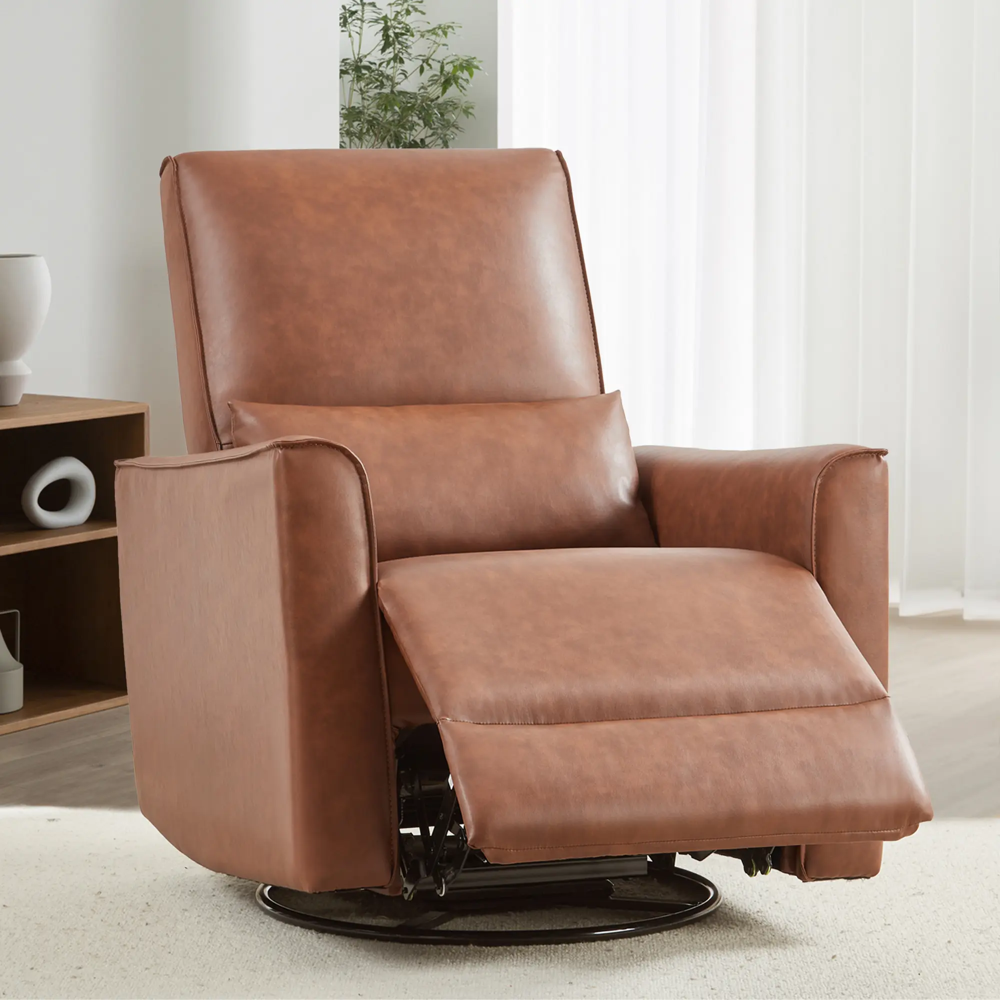 360° Swivel Glider Rocking Recliner Chair - Faux Leather Manual Model with Lumbar Cushion, Tool-Free Setup, Brown for Nursery, Living Room