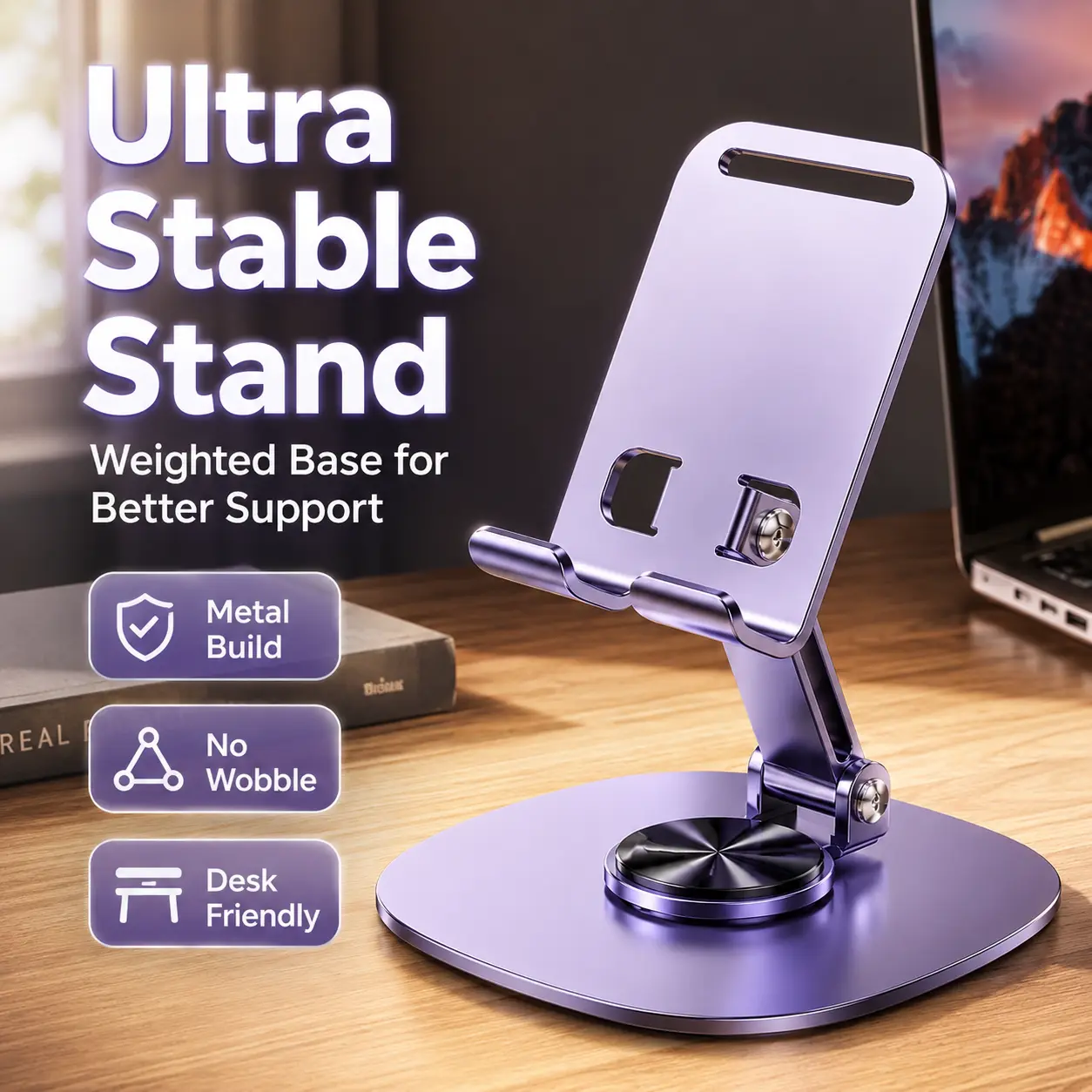 360° Rotating Phone Stand for Desk, Adjustable Foldable Cell Phone Holder with Stable Metal Base, Desktop Stand for Video Calls, Office, Kitchen and Home