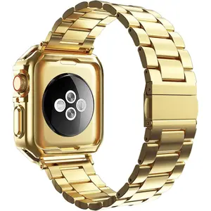 Compatible with Apple Watch Band and Case, Stainless Steel Metal Chain with TPU Cover, Smart-Watch Link Bracelet Strap, Wrist-Band for i-Watch Series10, 46mm, Gold
