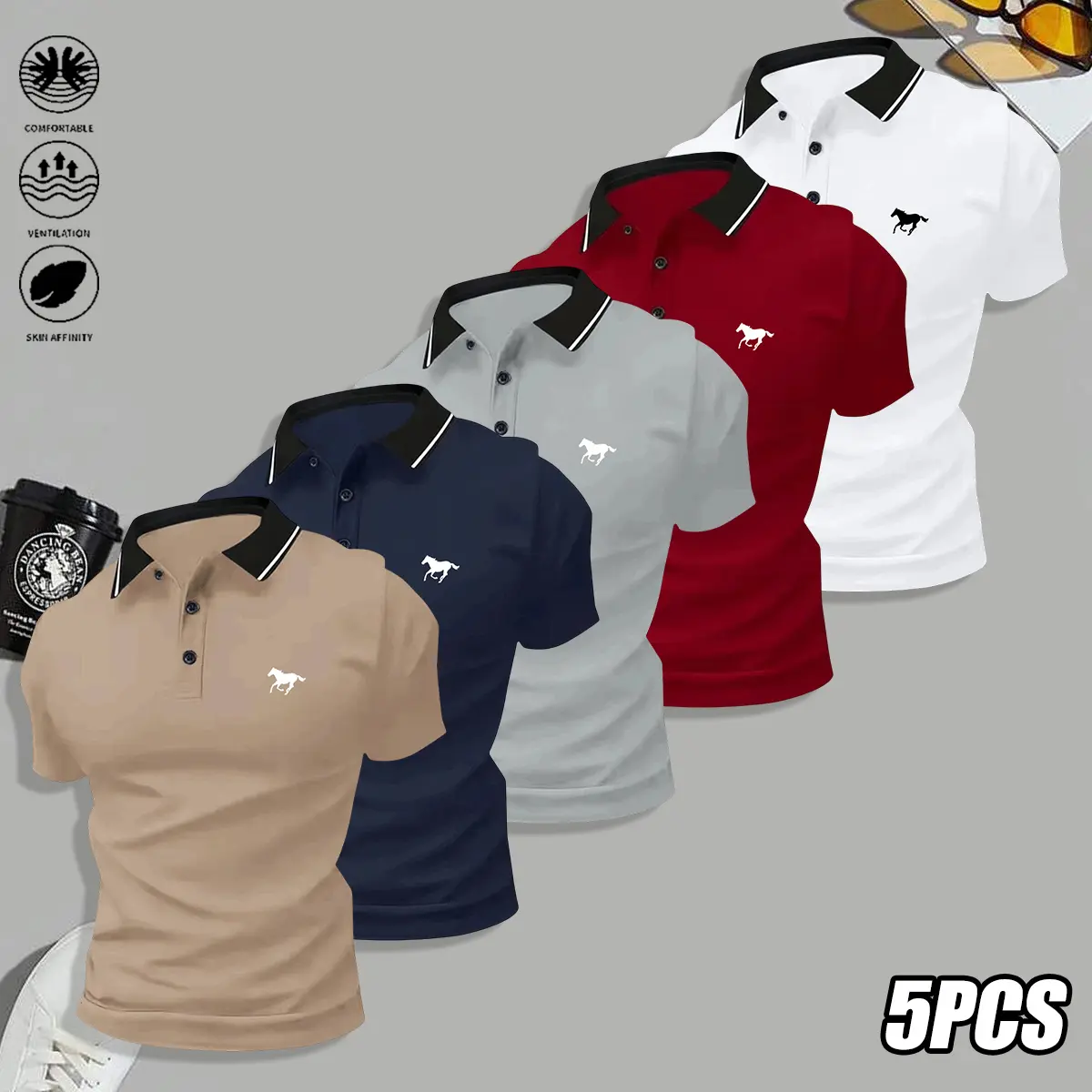 Khaki + Blue + Gray + Red + White