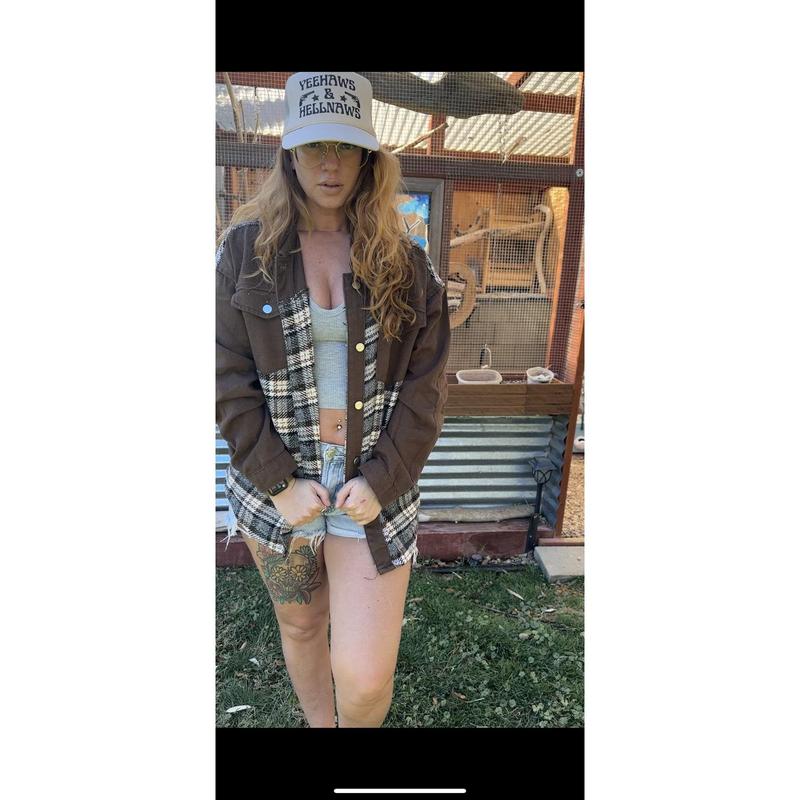 Brown Plaid Patchwork Denim Jacket