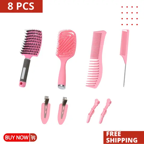 8-in-1 Anti-Tangle Brush & Comb Set, Haircare Styling Tool with Clips, Brush Comb Styler for All Hair Types, Anti-Snagging Design for Cosmetology Students, Barbers & Baby Hairstyling