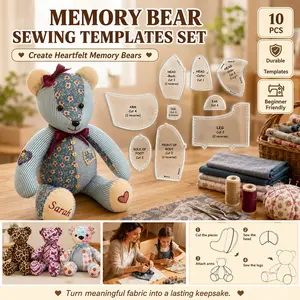 10Pcs Memory Bear Sewing Templates Set, Durable Bear Sewing Patterns & Templates with Detailed Instructions,Quilting Rulers and Templates for Sewing, Portable sewing tools, Perfect for Beginners & DIY Craft Lovers