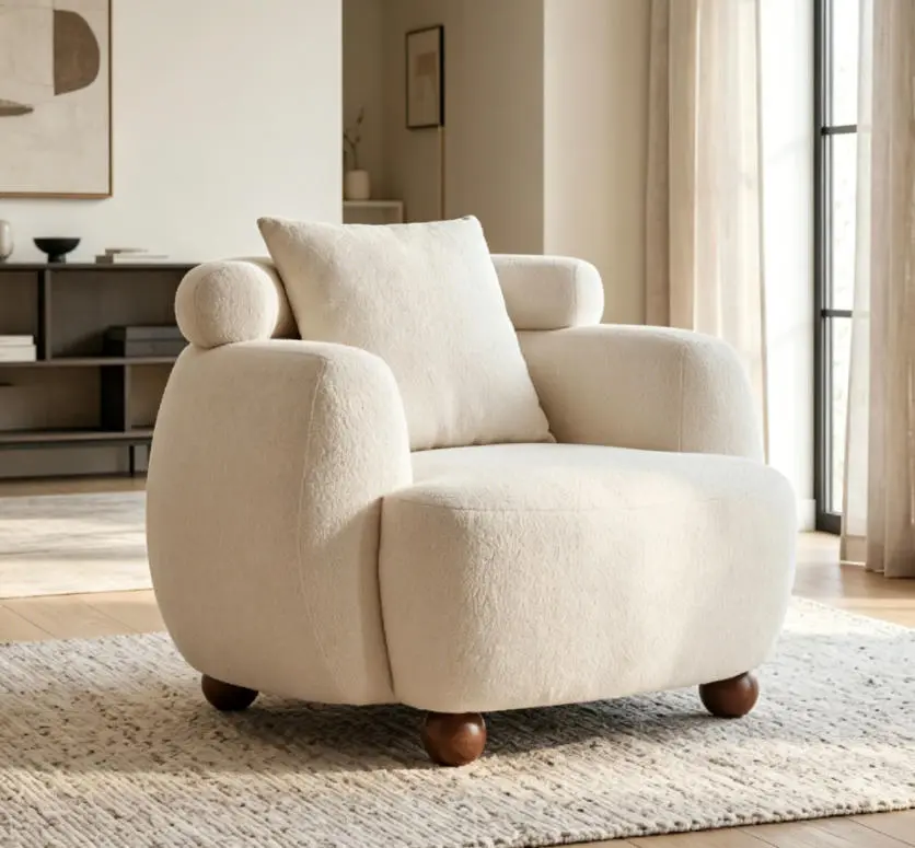 Nordic Clean Aesthetic 38-Inch Chenille Fabric Lazy Bucket Club Chair - Comfy Couch, Soft Cushion with Pillow, Space Saving Furniture for Living Room, Small Room Ideas, Beige Aesthetic Indoor Decor
