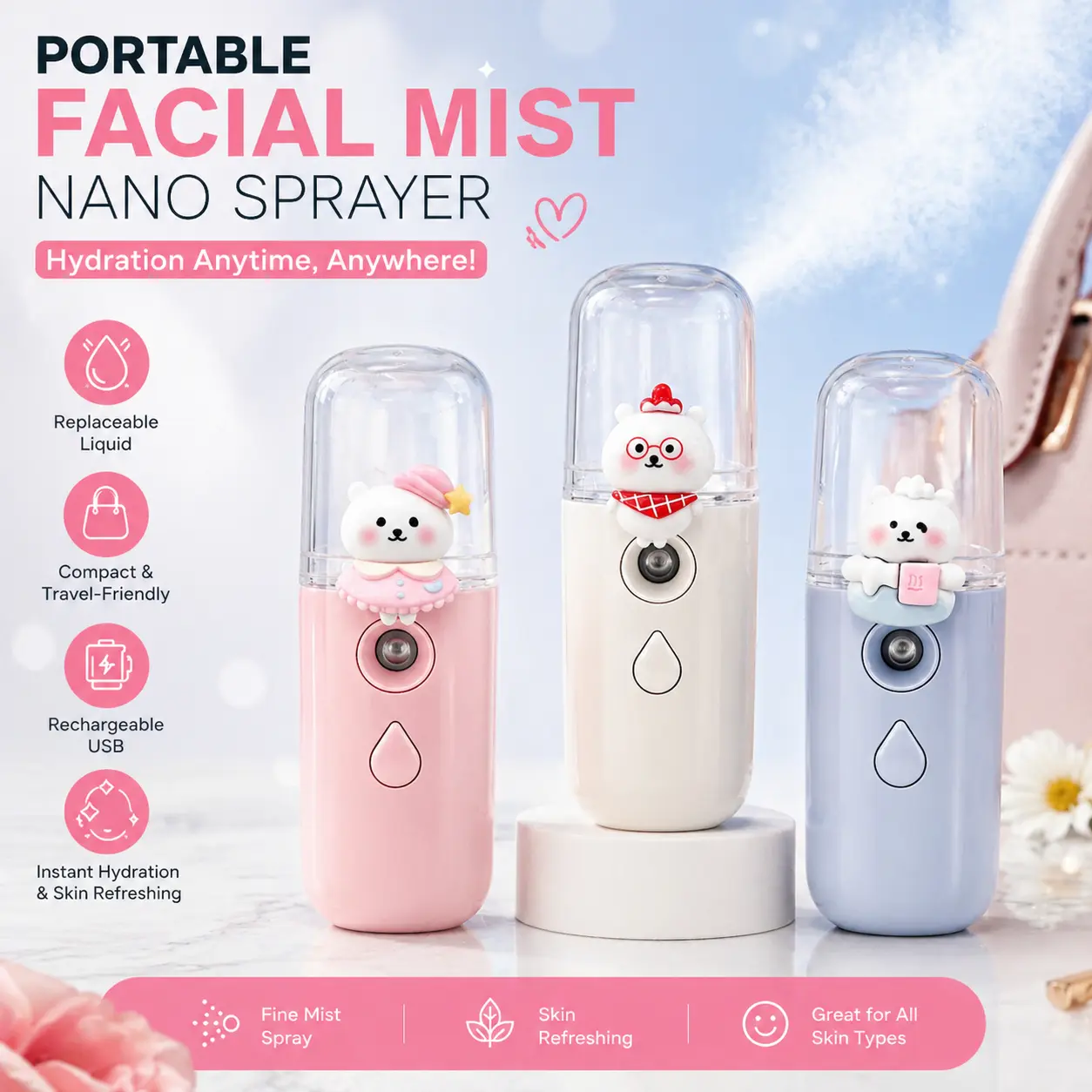 Portable Facial Steamer with Ultrasonic Nano Technology, Modern Handheld Mister with Mirror for On-the-Go Face Hydration Anytime, Anywhere, Instant Hydration, Compact & Travel-Friendly, Fine Mist Spray, Portable Facial Mist