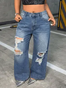 Vintage Washed Wide Leg Jeans Pants, High Waist Loose Fit Denim Long Trousers, Retro Style Comfortable Casual Wear Women