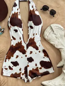 White & Brown Deep V Neck Backless Romper