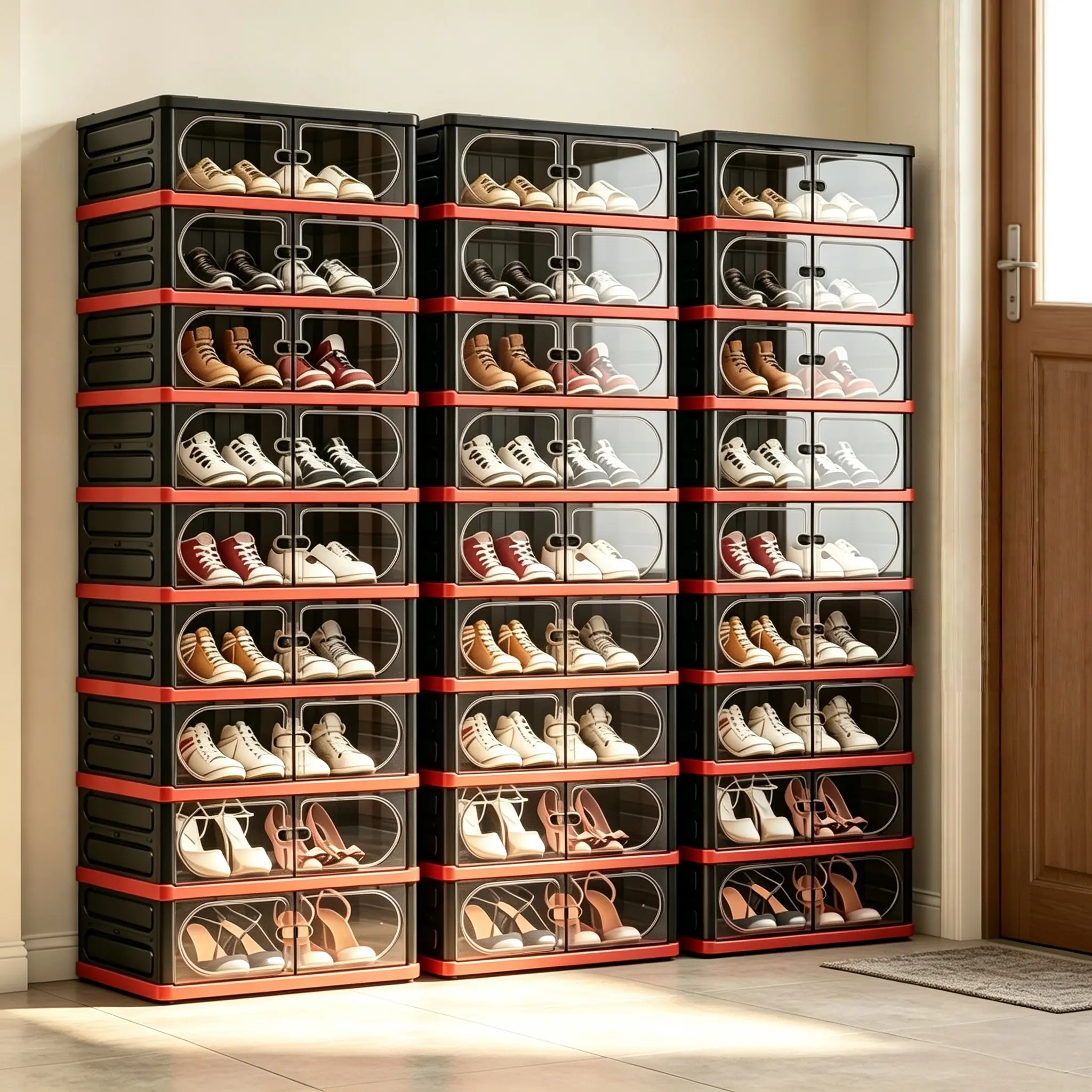 Clear Foldable Shoe Storage Cabinet, 3/6/9-Tier Large Capacity Stackable Shoe Organizer Box With Door & Lid, Portable Vertical Shoe Display Rack Easy Assembly Space Saving Shoe Container For Sneakers Boots Sandals High Entryway Hallway Bedroom Closet
