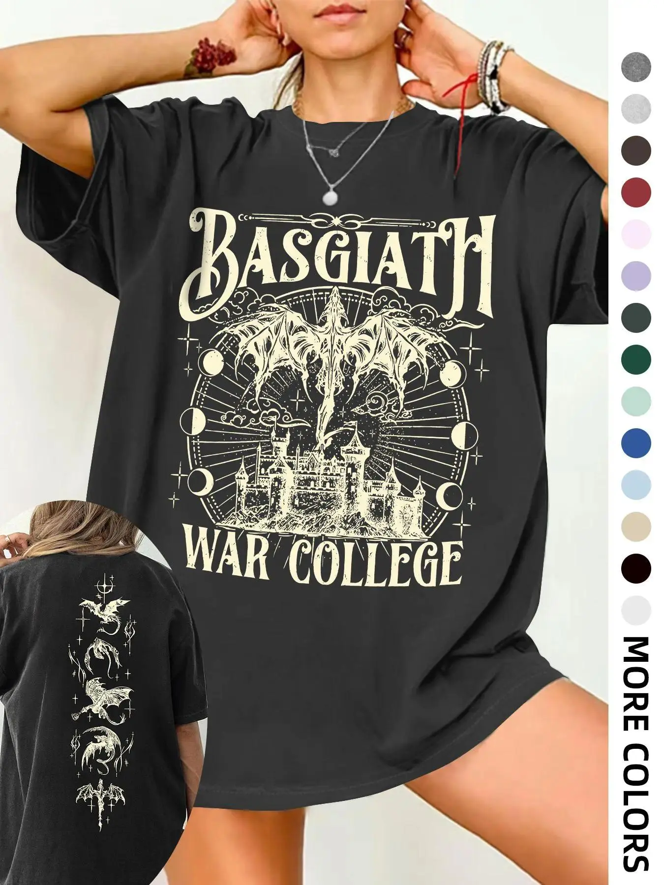 Women's Castle Dragon Fantasy Graphic Tee - Round Neck, Flat Crewneck, Simple Unisex Fabric, College Letter Design, Short Sleeve, Soft Cotton, Breathable Loose Fit, Casual Summer Streetwear, Trendy Aesthetic Daily Wear Gift Top, Printed, Fantasy Aesthetic