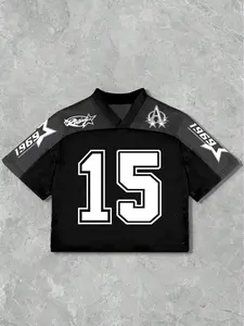 Men's Loose Fit Short Sleeve T-Shirt with V Neck and Number 15 Print, Breathable Sports Jersey for Casual Wear, Stylish Streetwear Top, Athletic Sports Clothing