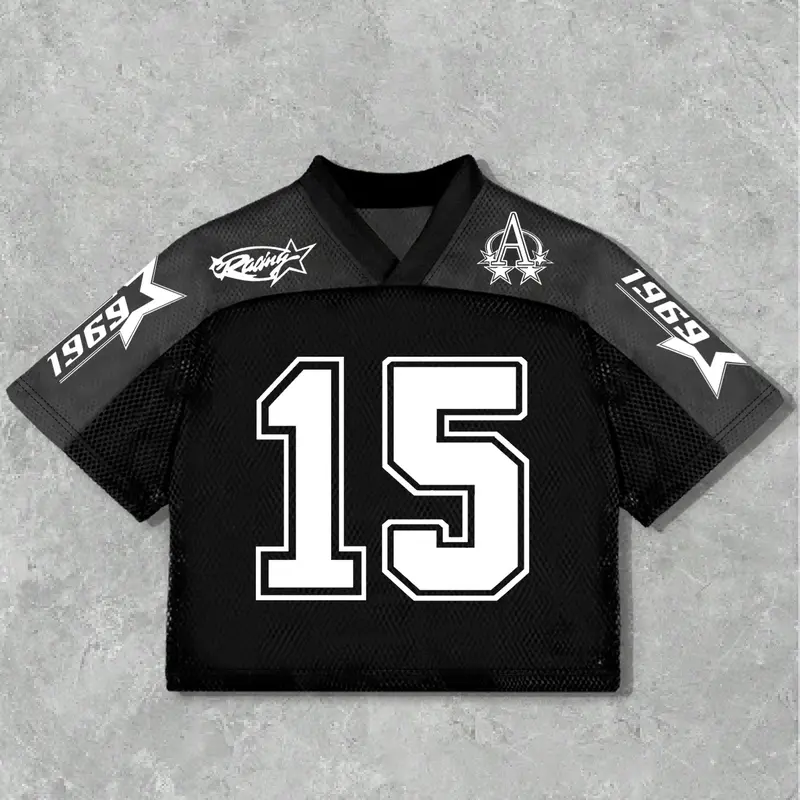 Men's Loose Fit Short Sleeve T-Shirt with Sporty V Neck and Number 15 Print, Breathable Sports Jersey for Casual Wear, Stylish Streetwear Top, Athletic Top, Fitness Shirts, Casual Sportswear, Graphic Number Tees