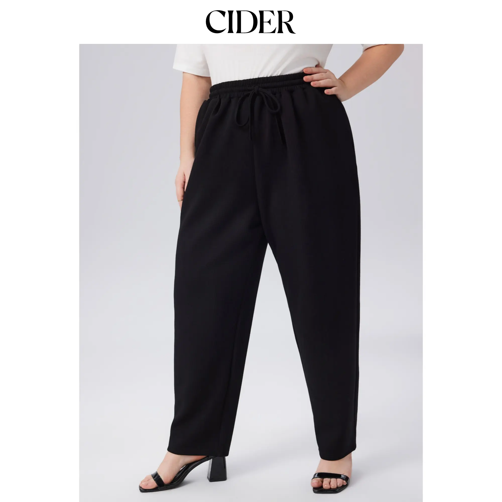 Cider [3 colors, size 2-26] Elastic Waist Drawstring Pocket Tapered Sweatpants Curve & Plus, Athleisure Bottoms, Elastane, Basic, Casual, Plus Size Fashion, Drawstring Waist, Solid Pattern, Tapered Leg, Adjustable Strap