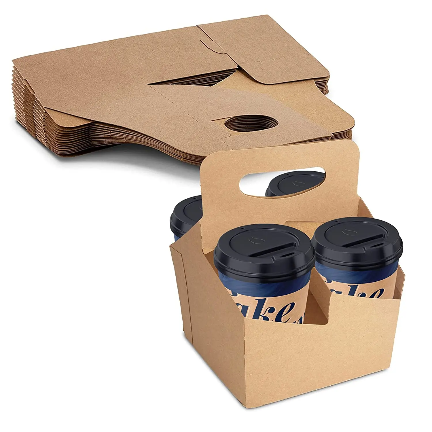 MT Products Brown Disposable 4-Cup Drink Carrier with Handles - Sturdy Corrugated, Cafe Takeout Ready, Coffee Compatible, Eco-Friendly Flat-Pack, Made in USA, Pack of 15, Disposable Tableware for Home/Party Supplies