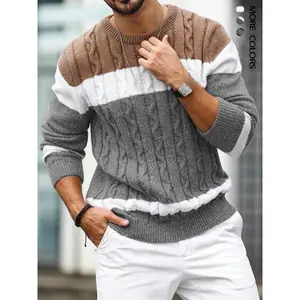 Men's Colorblock Round Neck Cable Knit Sweater, Regular Fit Casual Long Sleeve Crew Neck Jumper for Fall & Winter, Fashion Men's Knitwear for Daily Wear