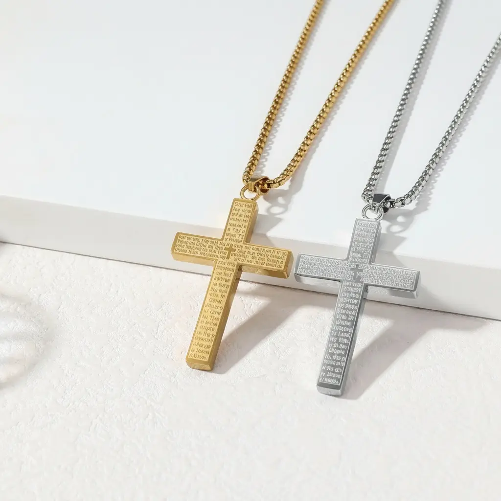 Sunselle Stainless Steel Engraved Lord's Prayer Cross Pendant Necklace - Unisex, High-Quality, Waterproof, Streetwear, Vintage Aesthetic, Non-Fading, Non-Tarnishing, Meaningful Gifts, Men's Jewelry, Engraved Necklace, Cross Design
