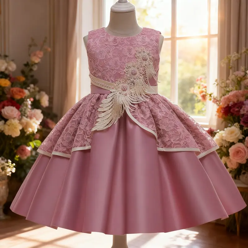 green emerald velvet dress Luxury Elegant Pink Flower Girl Dress Bow Sequined J148 Pink One Shoulder / Child-10