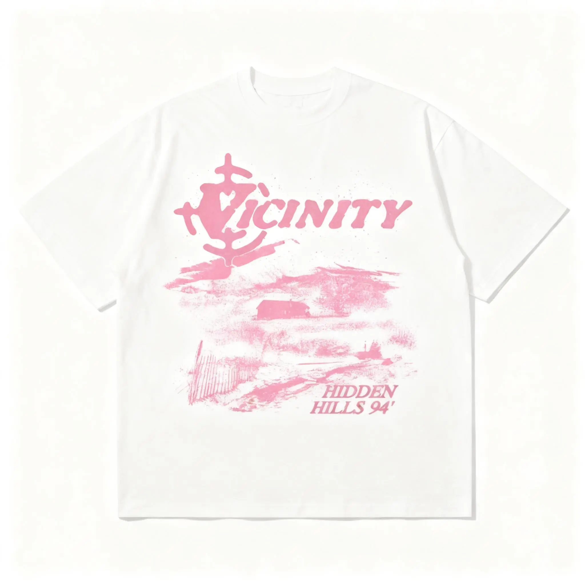 Vicinity Hidden Hills 94 Vintage Pink Landscape Graphic Casual White T-Shirt unisex retro street t-shirt summer workout classic fit Aesthetic Loose
