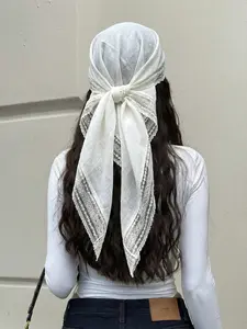 Women's Elegant Solid Color Square Lace Trim Headscarf, Multifunctional Shawl & Hair Accessory, Perfect for Mosques, Summer Fashion, Lace Sheer Shawl, Head Wrap