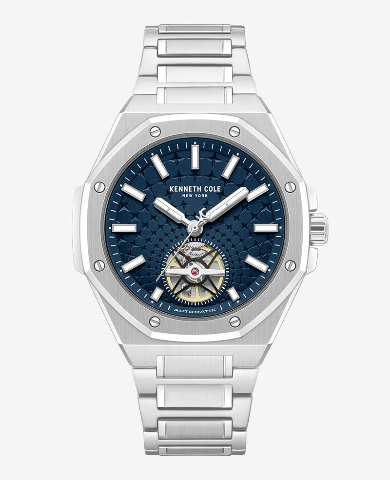 Skeleton Automatic Blue Dial Stainless Steel Bracelet Watch