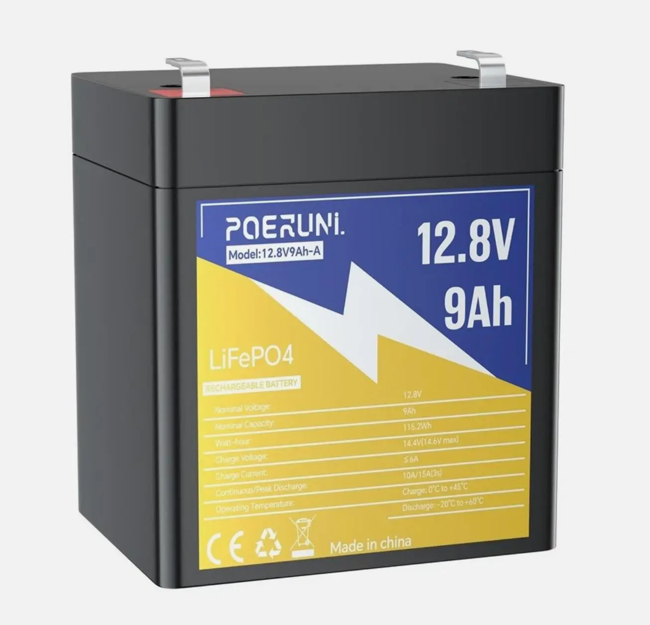 POERUNI 12V Deep Cycle LiFePO4 Battery - 9Ah Lithium Battery with LiFePO4 Cells, Rectangular Single Unit for Solar Backup, RV Use