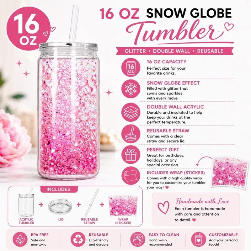 16 Oz Snow Globe Tumbler with Straw & Wrap – Custom Glitter Cup