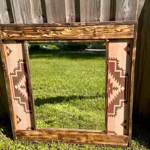 Southwestern Handmade Vanity Mirror Western Home Decor with Aztec Patterns and Burnt Wood Frame