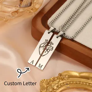 Hot Personalized Couple Initials Necklace Custom Heart Bar Pendant Necklace Silver Jewelry Stainless Steel Waterproof Jewelry Valentines Gifts for gf