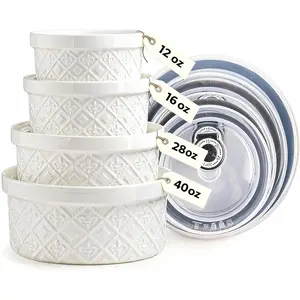 Large Mixing Bowls with Airtight , Classic White Porcelain Embossed Nesting Salad Bowls for Baking and Cooking, 12/16/28/40oz Serving Bowls Set of 4, Oven and Dishwasher Safe, Thanksgiving