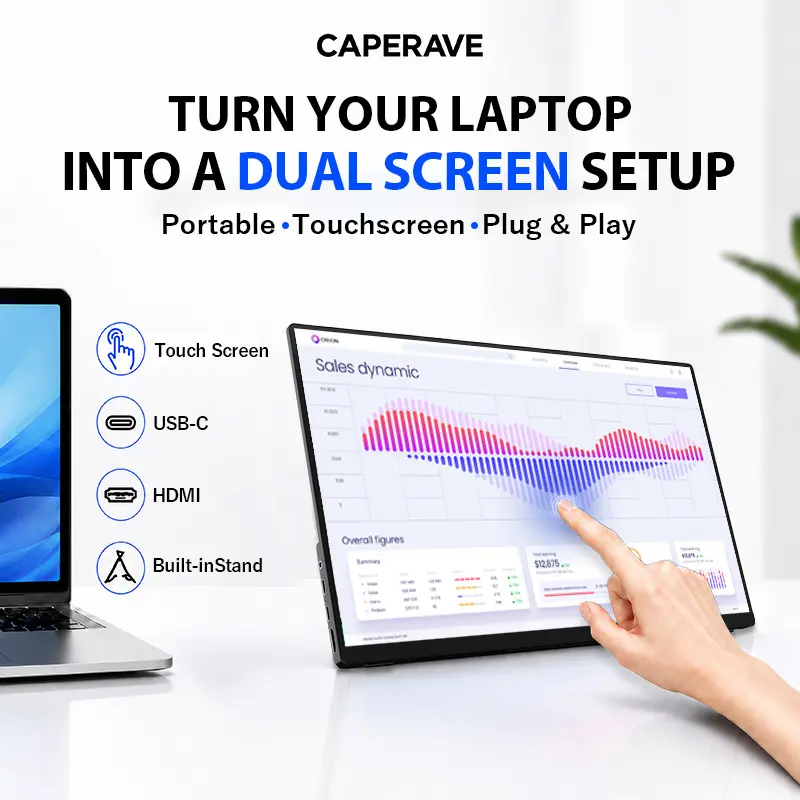 CAPERAVE Portable Touchscreen Monitor 15.6" FHD 1080P 60Hz IPS Panel 10 Point Multi Capacitive Touch Screen USB Type-C HDMI Plug and Play Portable External Monitor Dual Screen for MacBook Laptop PC PS5 Switch Travel Work Gaming, Speakers, Cordless