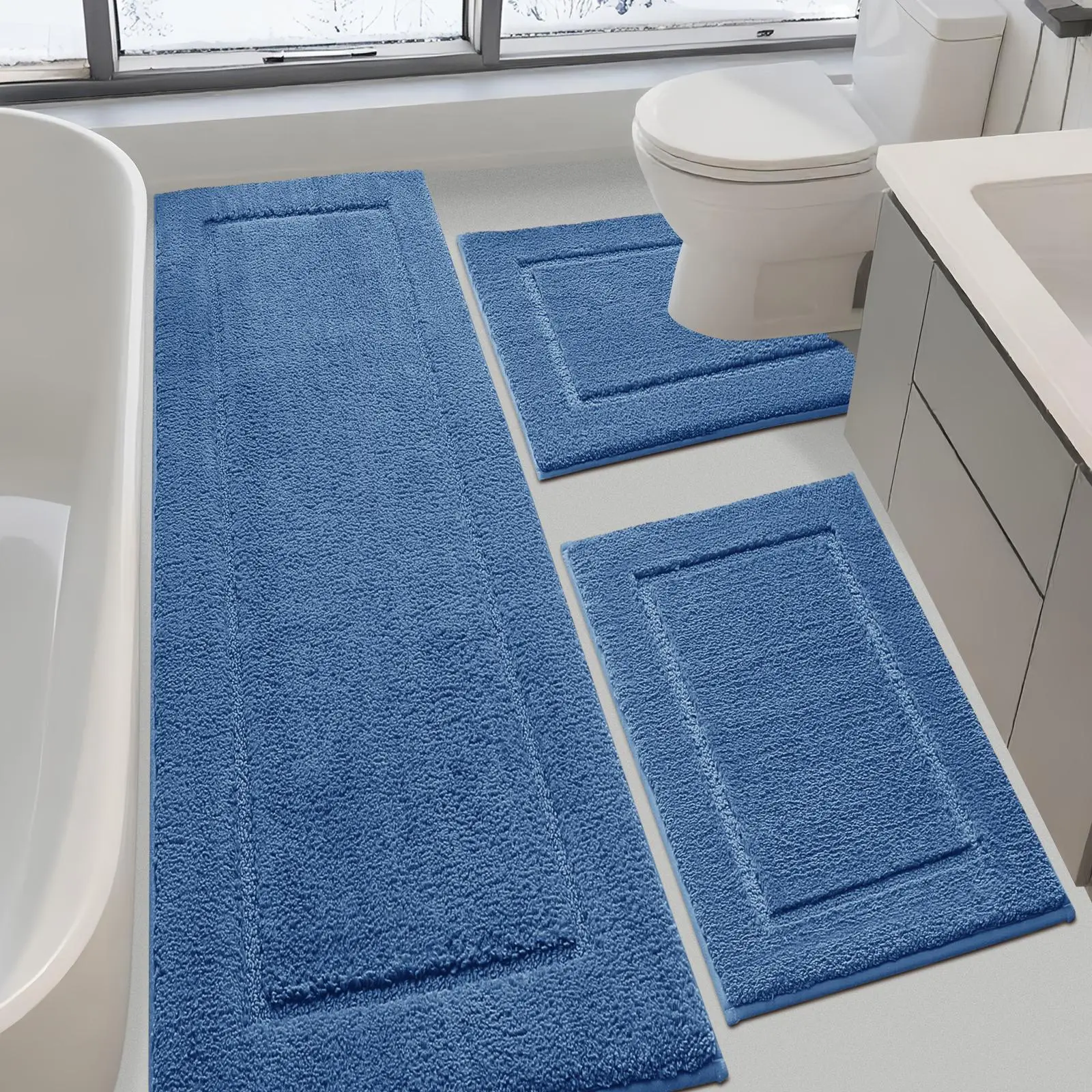 Comfydew 2-Piece/3-Piece Fluffy Shaggy Bathroom Carpet & Rug Set, Iron-Enhanced Ultra-Soft Thick Plush Artificial Fiber Mat, All-Seasons Durable Rubber Non-Slip Backing, Highly Absorbent Machine-Washable Spa-Feeling Mat for Bathroom Floor, Tub, Unisex, No