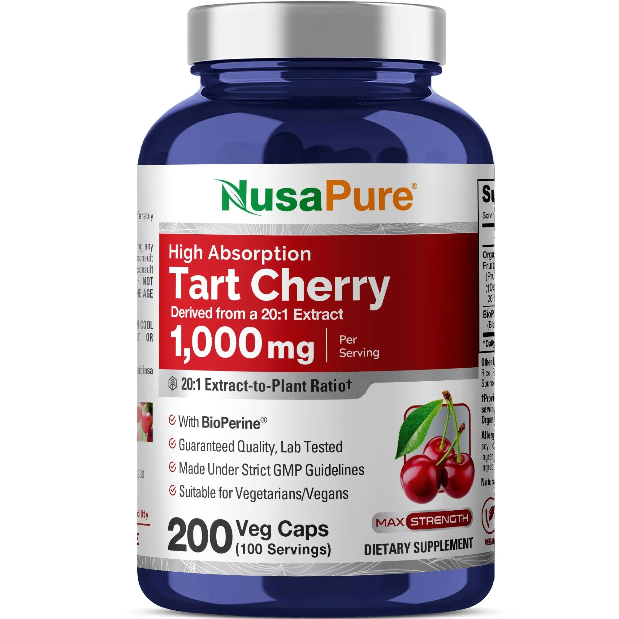 NusaPure Tart Cherry Dietary Supplement Capsules - 1100mg per Capsule, 150 Caps, 75-Day Supply, Bioperine®, Vegan-Vegetarian, Natural, GMO-Free, Gluten-Free, Antioxidant, Anti-Inflammatory, Cardiovascular Health, Exercise Recovery, GMP-Compliant