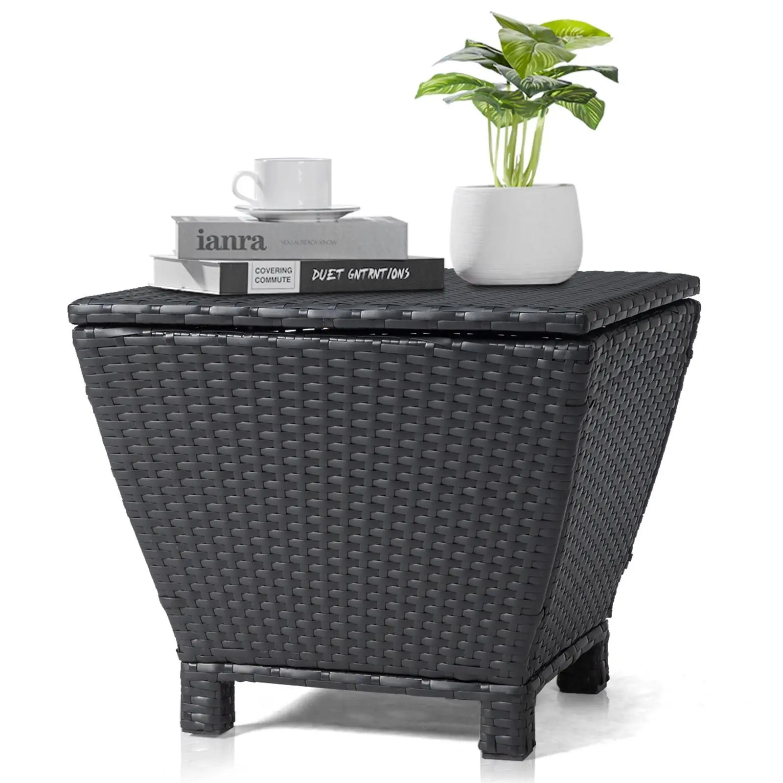 Ktaxon Rattan Woven Side Table with Iron Steel Frame, 13-Gallon Cap. Tapered Dual Bins Storage Box, 14.3lb Indoor Outdoor Garden Patio Accent Table, Black