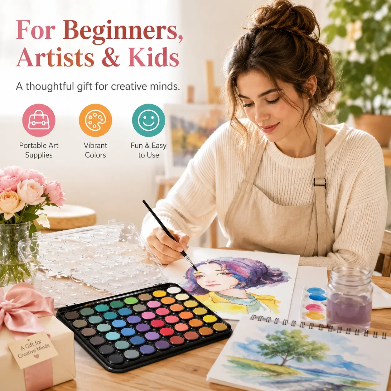 48 Colors Watercolor Paint Set with Brushes, Portable Solid Watercolor Palette, Washable Non-Toxic Vibrant Paints, Smooth Mixing & Layering, Lid as Palette, Art Supplies for Kids, Beginners, Students, Artists, Watercolor Drawing & Painting
