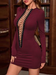women's lace up backless bodycon dress, solid long sleeve round neck mini dress for party club dating wear, ladies spring & fall clothes, womenswear
