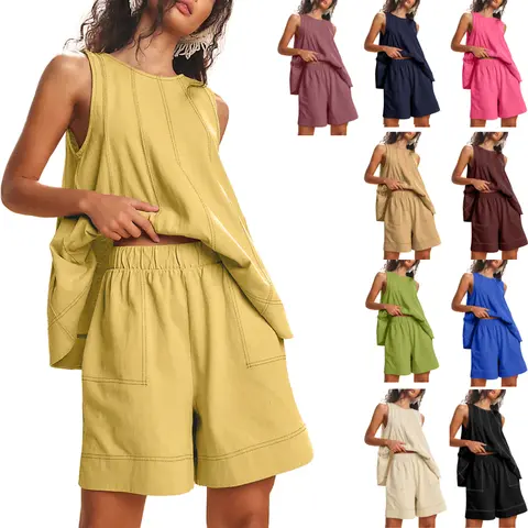 Yeokou Women's Basic Round Neck 2-Piece Summer Outfits - Sleeveless A-Line Tank Top, Contrast Stitching High-Waist Shorts with Pockets