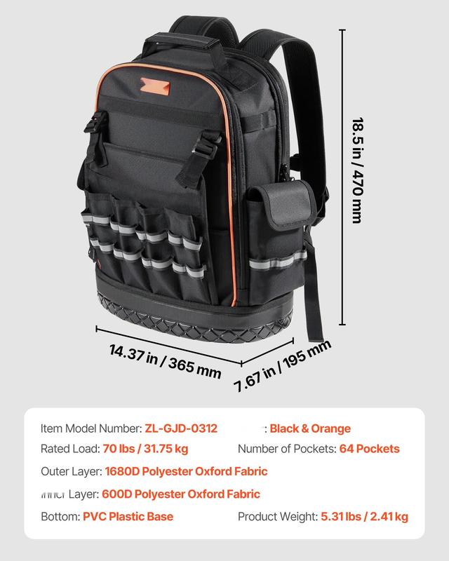 Tool Backpack with 64 Pockets, Tear-Resistant Construction, Heavy-Duty Jobsite Organizer for Electricians and Tradespeople, Portable Tool Storage Bag with Padded Straps, Waterproof Fabric, Reinforced Handle, and Compartments