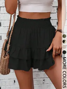 1 Piece Summer Women Paperbag Waist Ruffle Hem Casual Skort, High Waist Loose Wrap Elegant Daily Vacation Going Out Beach Casual Bottoms, High Waisted Skorts