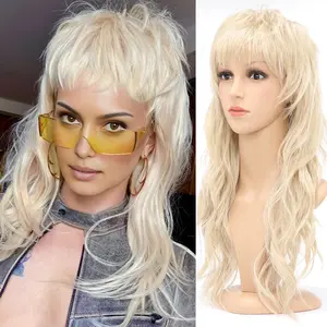 BESUTNG 80s 90s Blonde Mullet Wigs Pixie Cut Wigs with Bangs for Women, Blond Wolf Wig Wavy Long Synthetic Split Wigs with Fringe Mullet Wig for Women at Party and Cosplay（22inch）