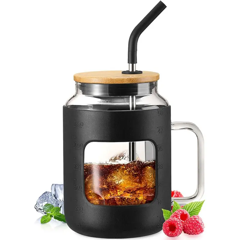 【WINSA】 50OZ Glass Tumbler with Bamboo Lid and Straw, Glass Water Bottles with Time Marker, Iced Coffee Cup with Handle, Glass Cups with Silicone Prot