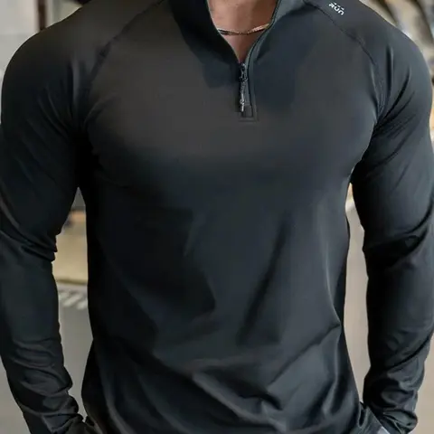 Men's Fall Winter Fleece Lined Long Sleeve T-Shirt, Slim Fit Warm Soft Breathable Half Zip Pullover, Casual Sporty Quick-Dry Top, Casual Sports Tops, Half Zip Sportswear