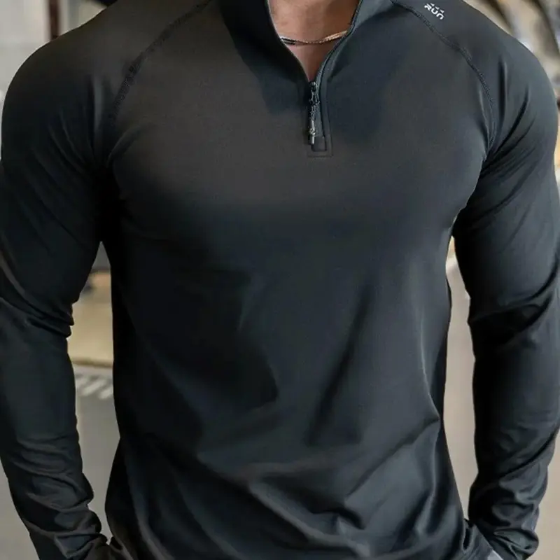 Men's Fall Winter Fleece Lined Long Sleeve T-Shirt, Slim Fit Warm Soft Breathable Half Zip Pullover, Casual Sporty Quick-Dry Top, Casual Sports Tops, Half Zip Sportswear
