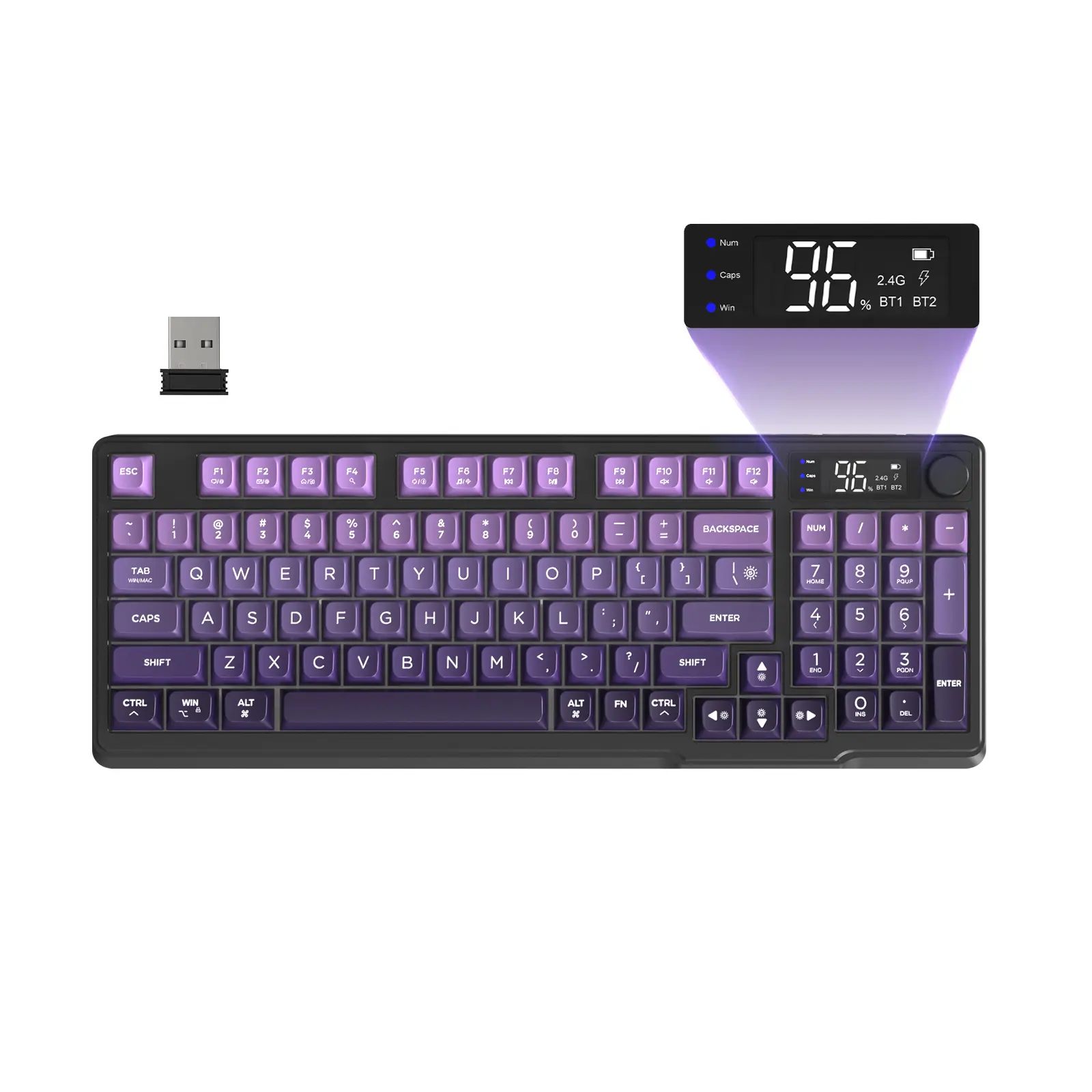 ZIYOU LANG M96 Wireless Dual Mode Bluetooth/2.4Ghz Gaming Membrane Keyboard, PBT Keycaps Silent Keys with Knob & Display, 2000 mAh USB-C Rechargeable Rainbow Backlit Computer Keyboard, 94 Key ANSI Layout for Win Mac PC Gamer, Rainbow Led Backlit, Gaming K