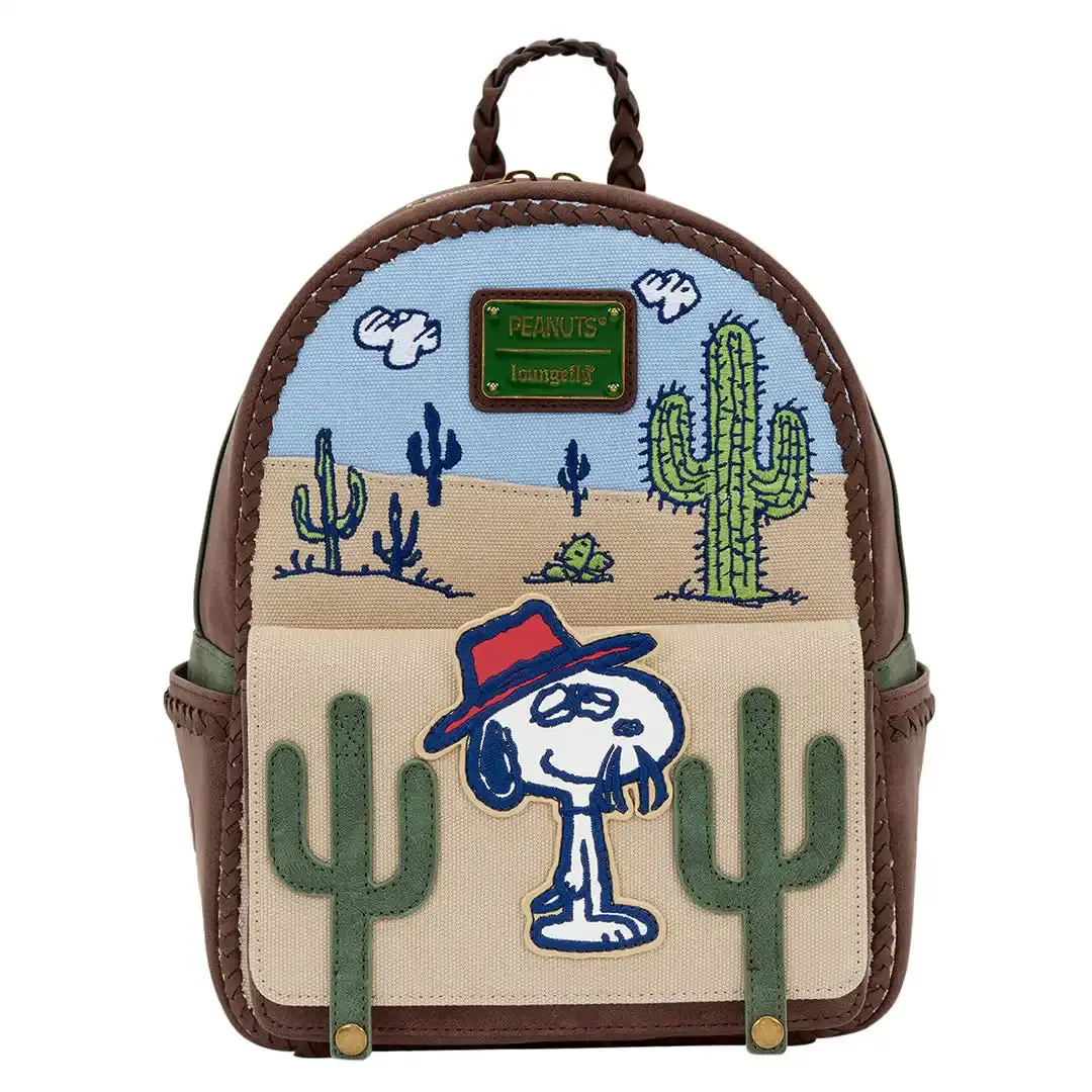 Loungefly Peanuts Spike Female Character-Inspired Mini Backpack for Adults - Cactus Theme, Distressed PU, Lightweight, Dessert Design, Top Handle, Braided Handle, Graphic Print, Marshmallow Art, Embroidered Detail, Adjustable Strap, Wipeclean