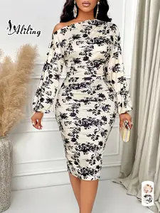 Aliling Women's Elegant Fall Print Dress, One Shoulder Long Sleeve Bubble Sleeves High Waist Bodycon Ruched Midi Dress