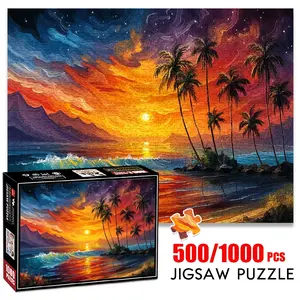 1pc 1000 piece adult puzzle 70x50cm Sunset by the Sea with Palm Trees and Waves 500 pieces of paper jigsaw puzzle, suitable for adults and families, large-scale DIY puzzle interactive toy games,