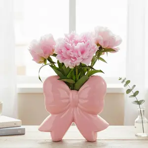 Bow Vase Coquette Pink Ceramic Vase Pen Holder Makeup Brush Holder Contemporary Design Decorative Women Gift for Christmas Home Office Shelf Table Room(Pink,Classic)