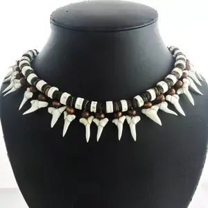 [HIGH END] Awesome Unisex 21pc Mako Shark Tooth Surfer Bone Brown Heishi Beads Necklace