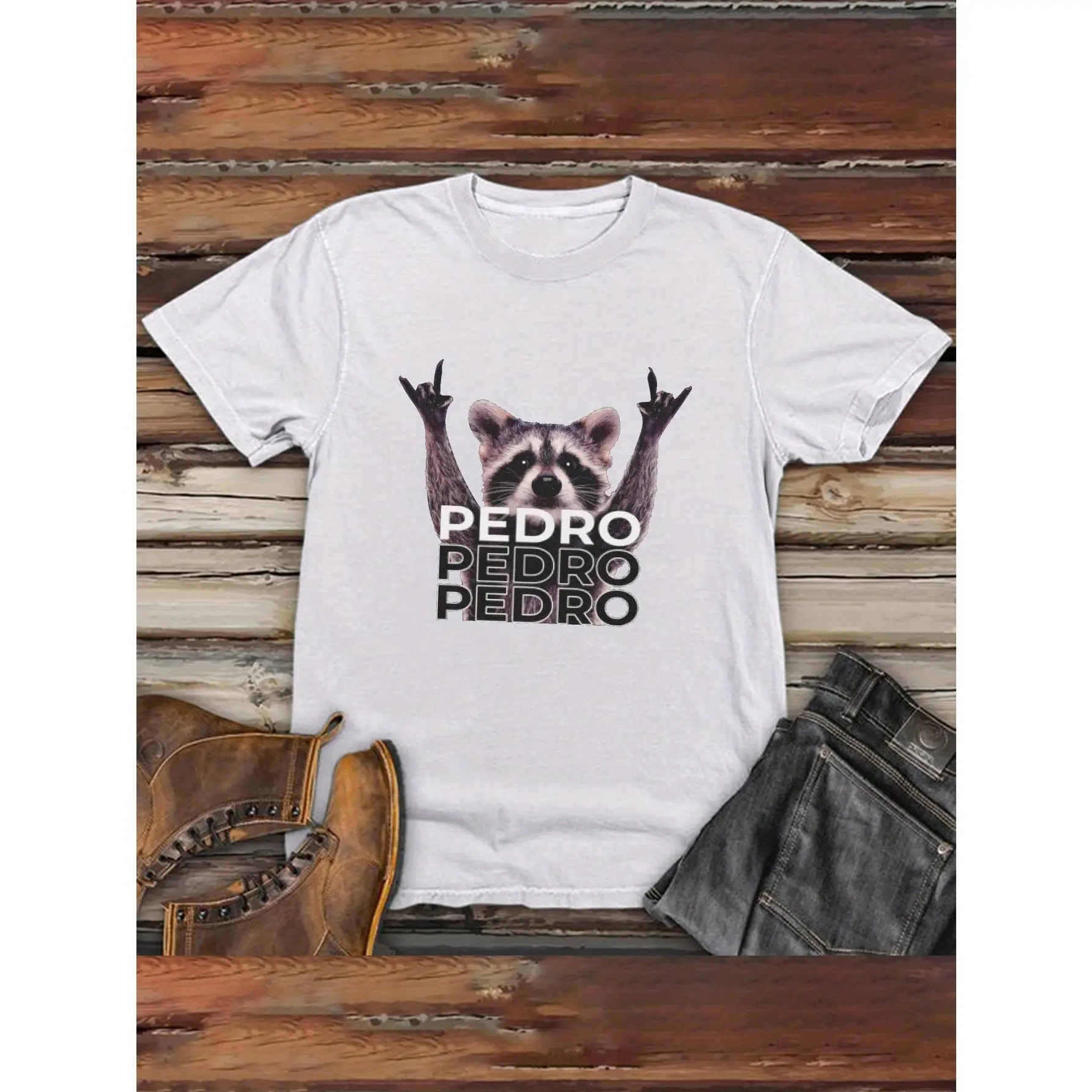 Men's Classic Crew Neck Cotton Knit Short Sleeve Regular Fit T-Shirt with Pedro Raccoon Print - Casual Tops Clothes for Summer Going Out